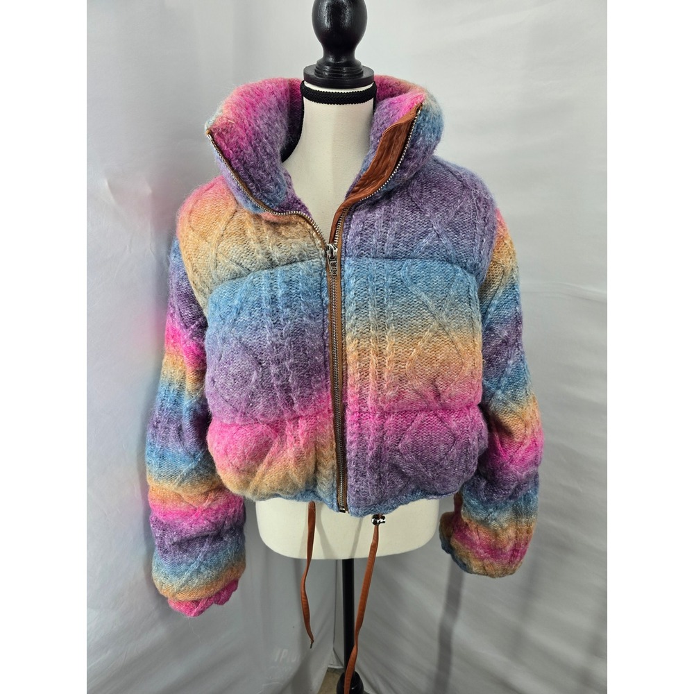 BLANKNYC Womens Rainbow Ombre Cable Knit Cropped Puffer Jacket XS Funnel Neck